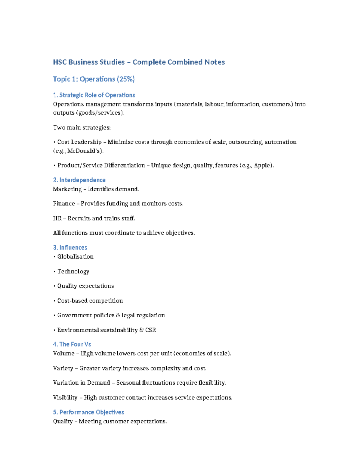 HSC Business Studies Complete Combined Notes: Operations & Marketing ...