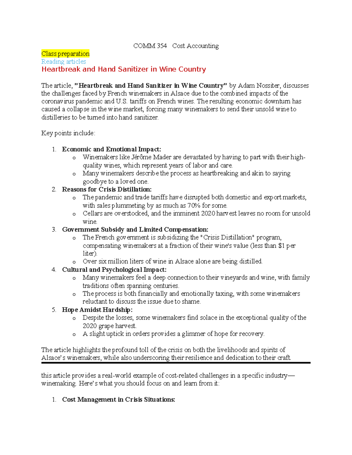 COMM 354 Cost Accounting - COMM 354 Cost Accounting Class preparation ...