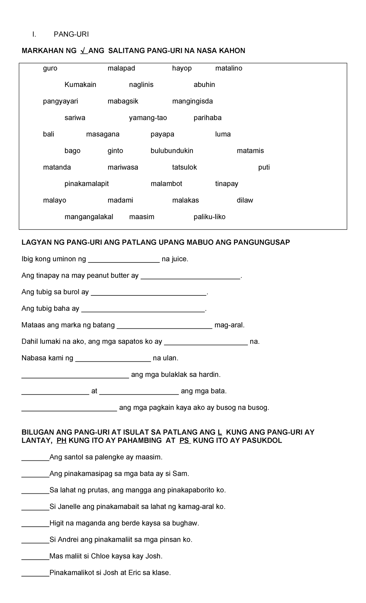 424421826 Pang Uri Worksheet: Pagsasanay sa Pagsusuri ng Salita - Studocu