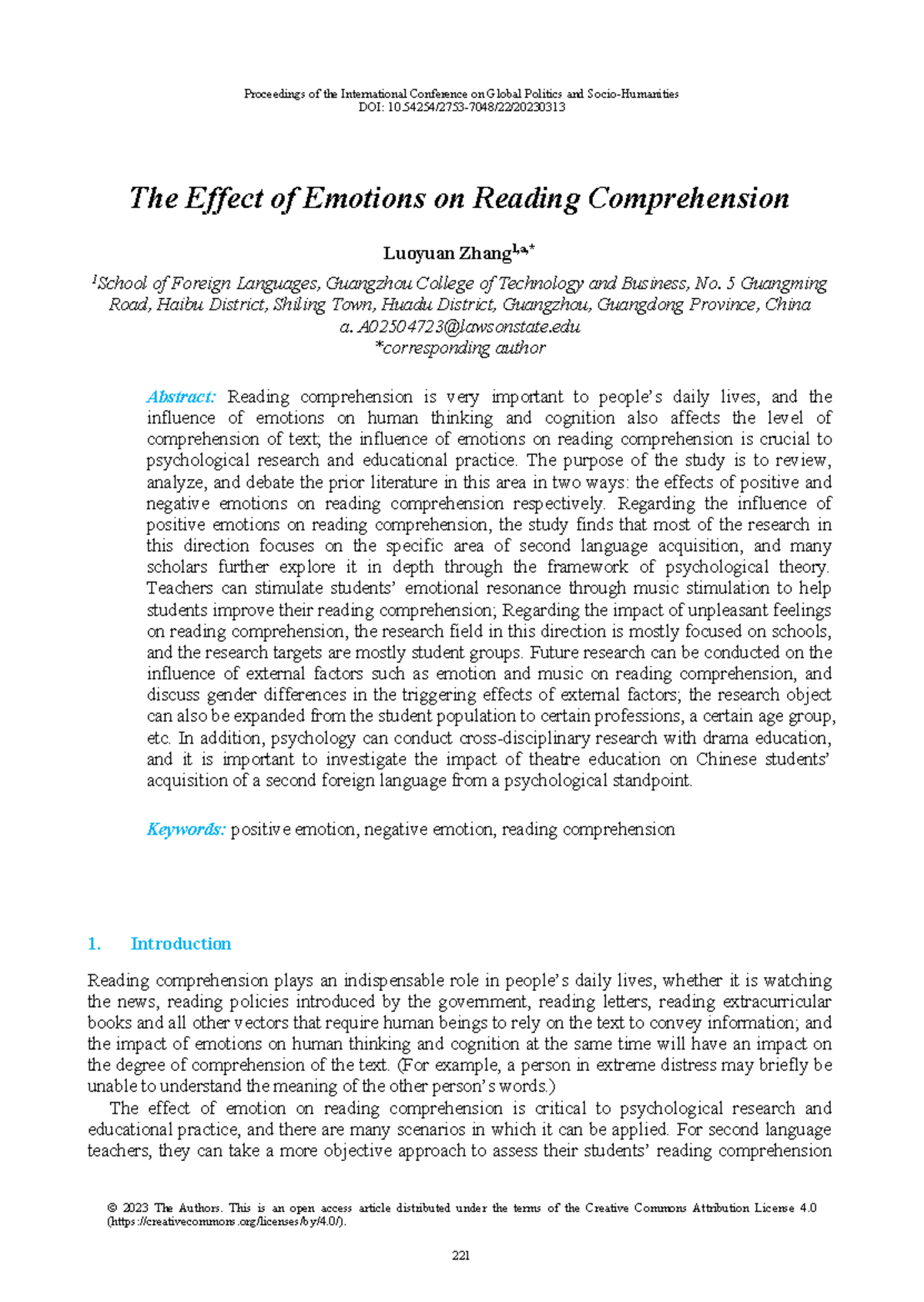 The Impact of Emotions on Reading Comprehension: A Review of Literature ...