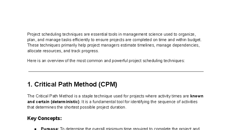 Project Scheduling Techniques - These techniques primarily help project ...