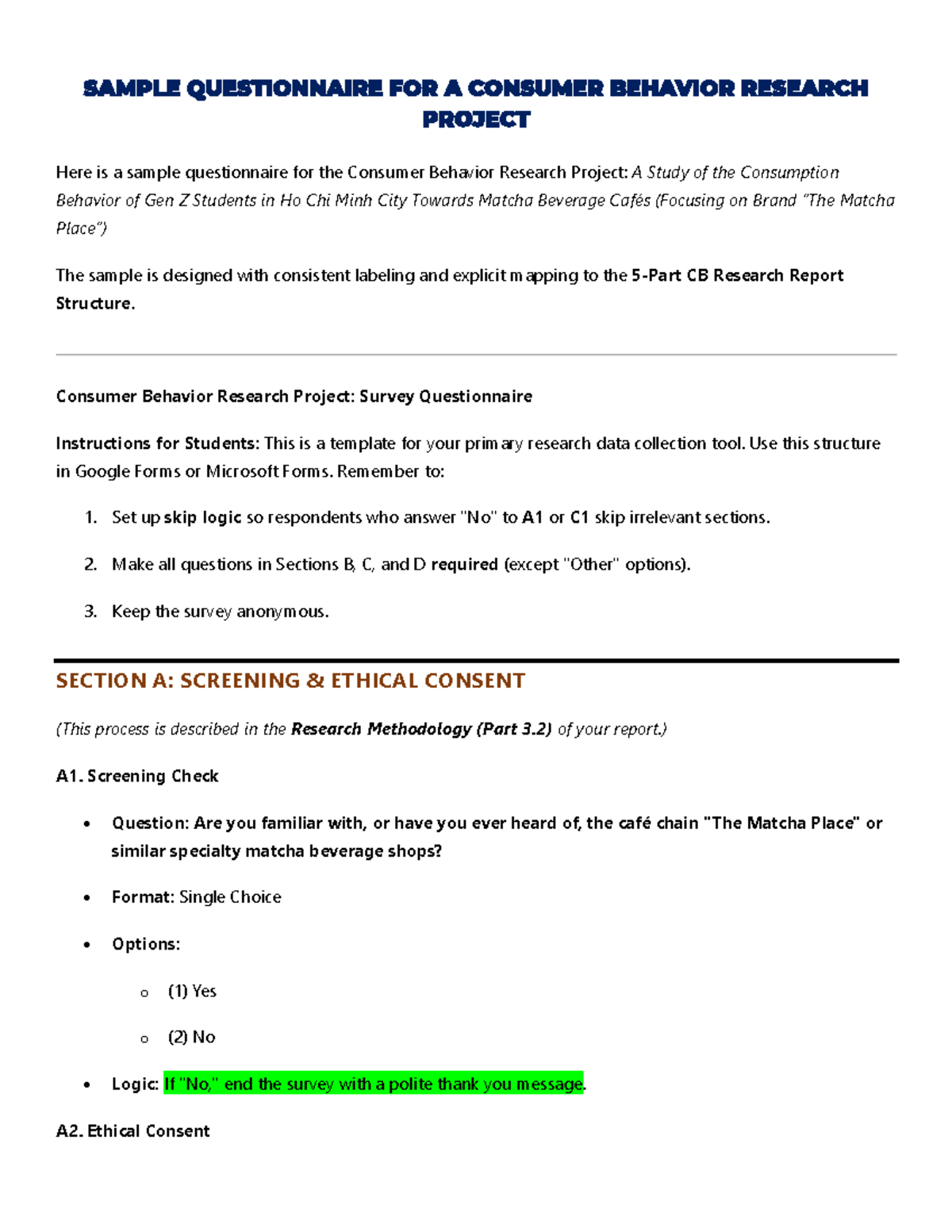 3CB CK 04 Consumer Behavior Research Project: Sample Questionnaire ...