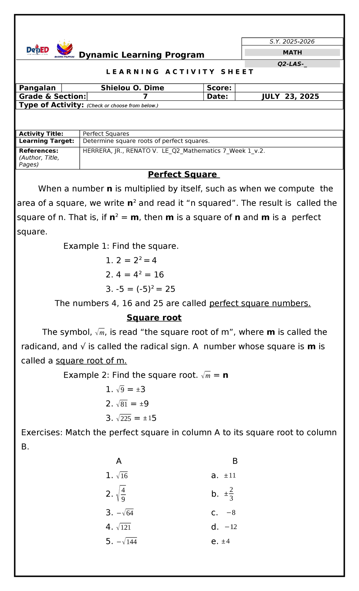 LAS 2 MATH Learning Activity: Perfect Squares by Shielou O. Dime - Studocu
