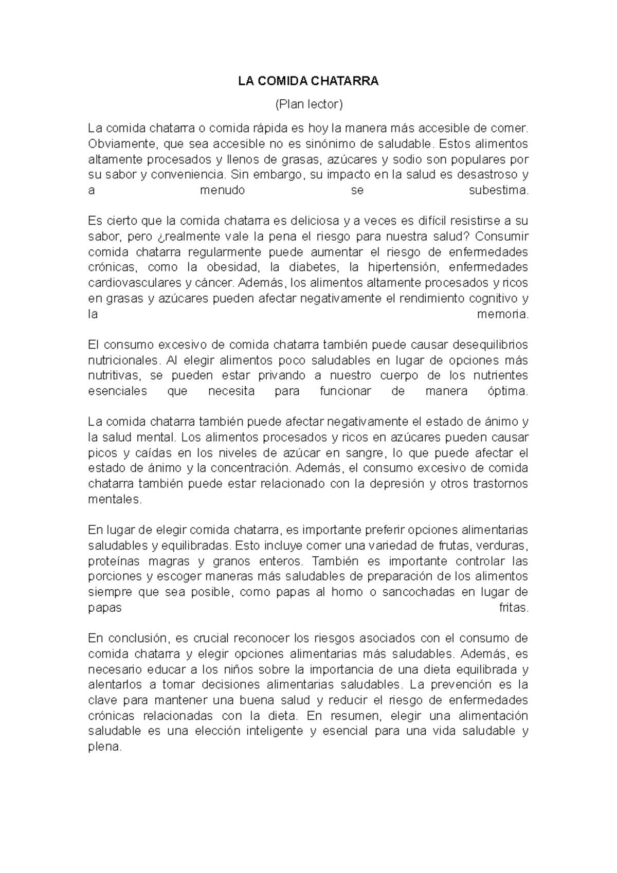 Lectura Reflexiva sobre La Comida Chatarra: Impacto y Riesgos - Document Preview