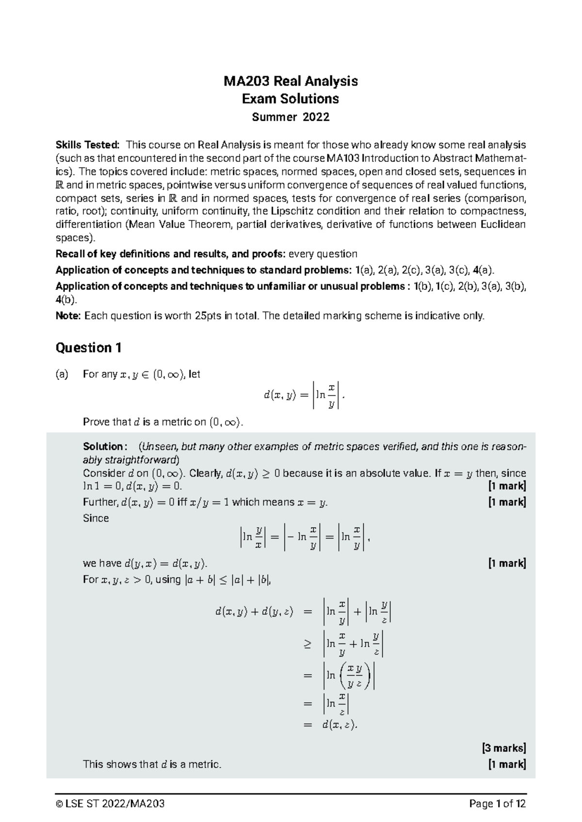 MA203 Real Analysis Summer 2022 Exam Solutions and Key Concepts - Studocu