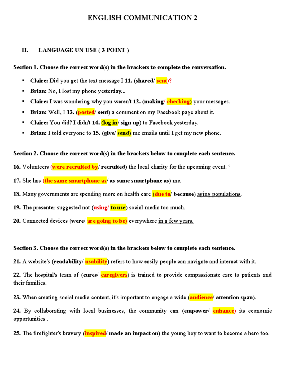 ENGLISH COMMUNICATION 2: LANGUAGE USE & READING EXERCISES - Studocu