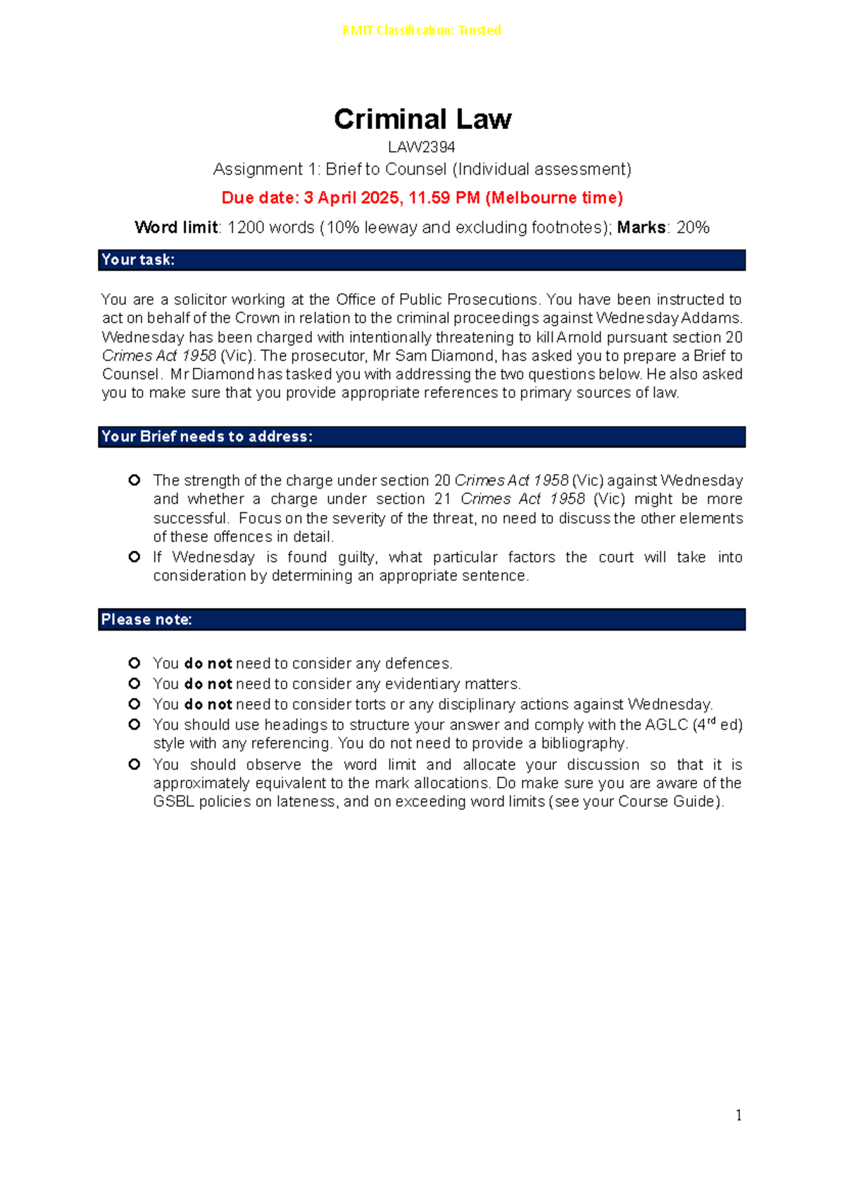 Brief to Counsel: Criminal Law Assignment 1 LAW2394 Sem 1 2025 - Studocu