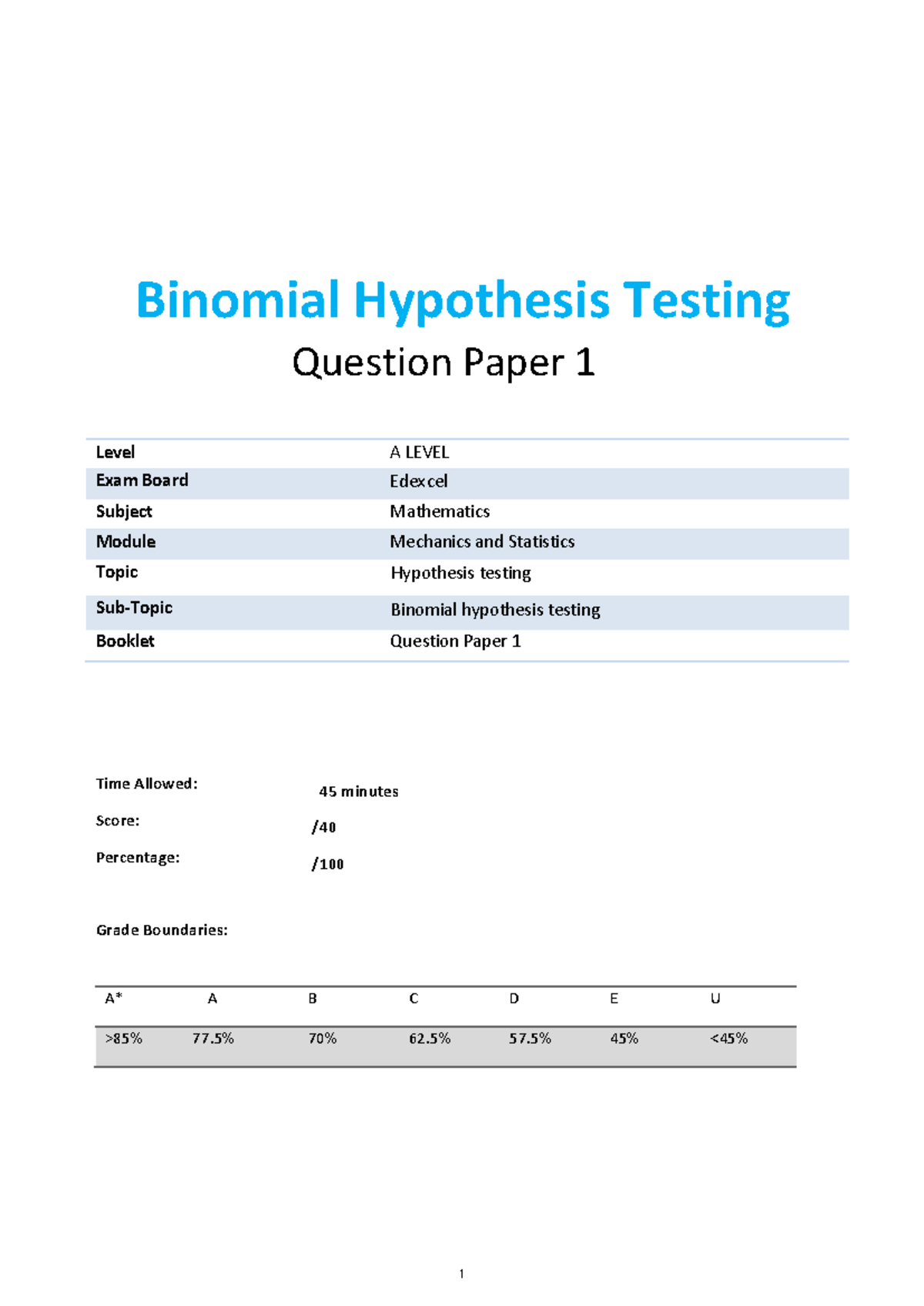 S7 - questions - Binomial Hypothesis Testing Question Paper 1 Level A ...