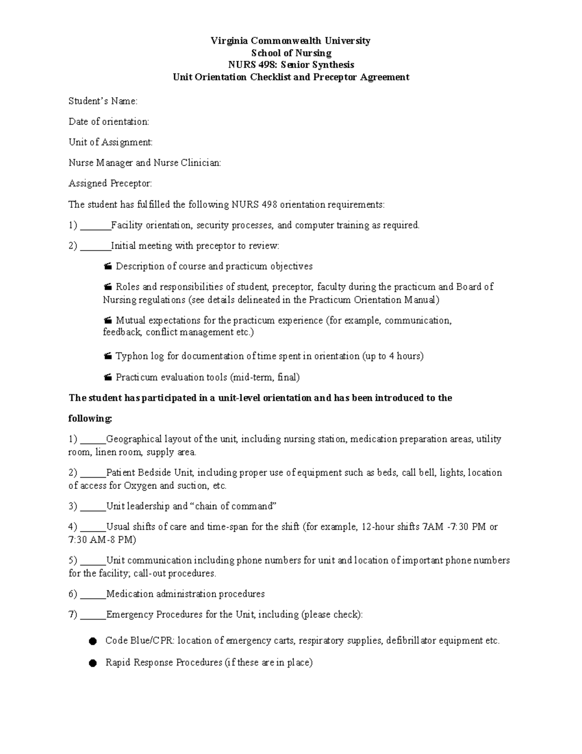 NURS 498 Unit Orientation & Preceptor Agreement Checklist - Studocu