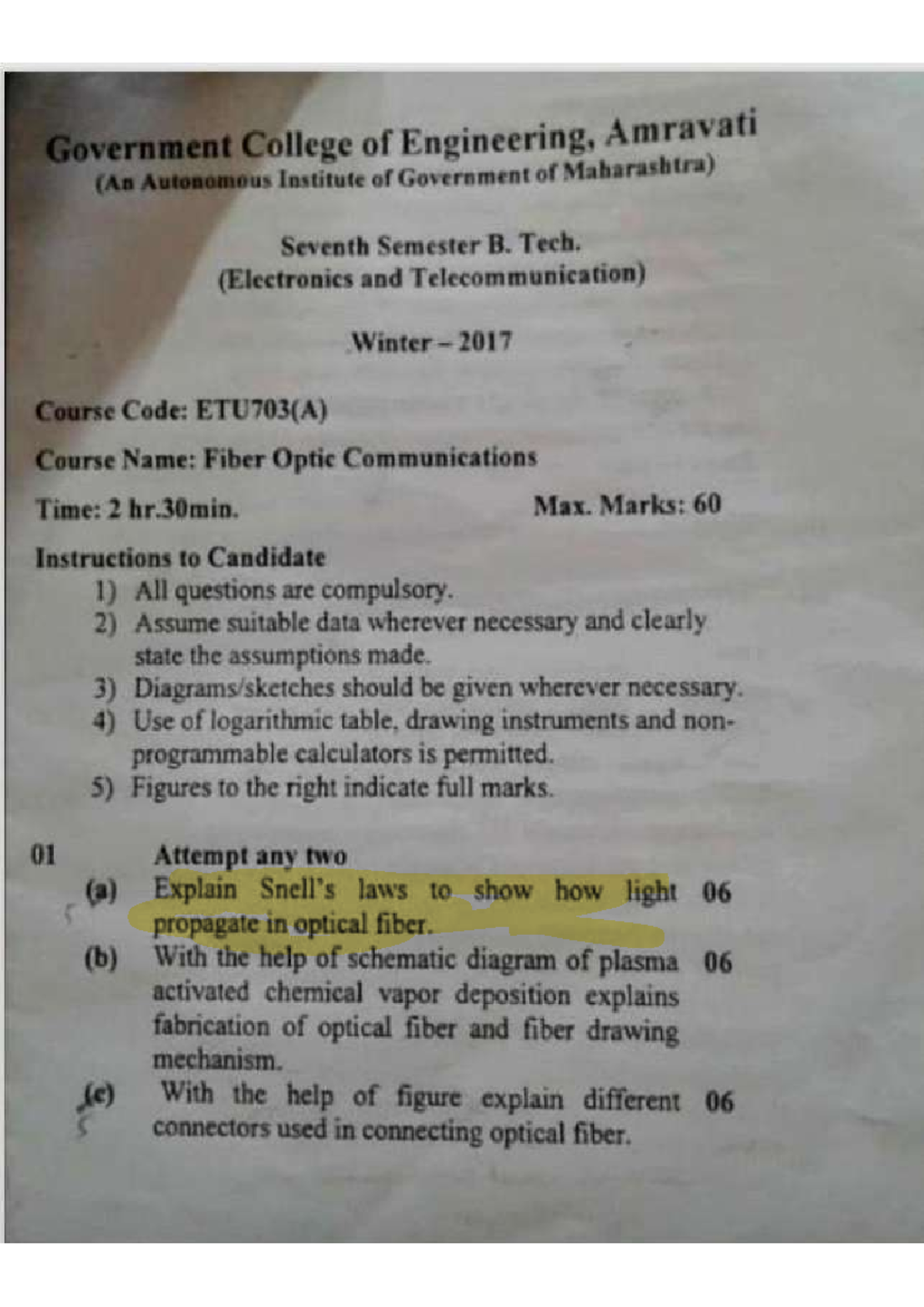 ETU726 Optical Communication Final Exam Question Paper - Studocu