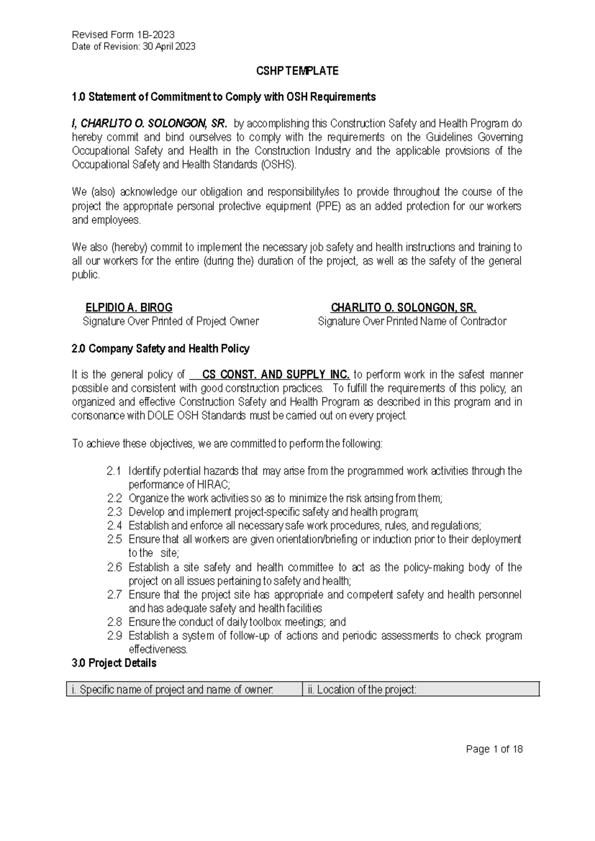 CSHP 25MH0025: Construction Safety and Health Program Template - Studocu