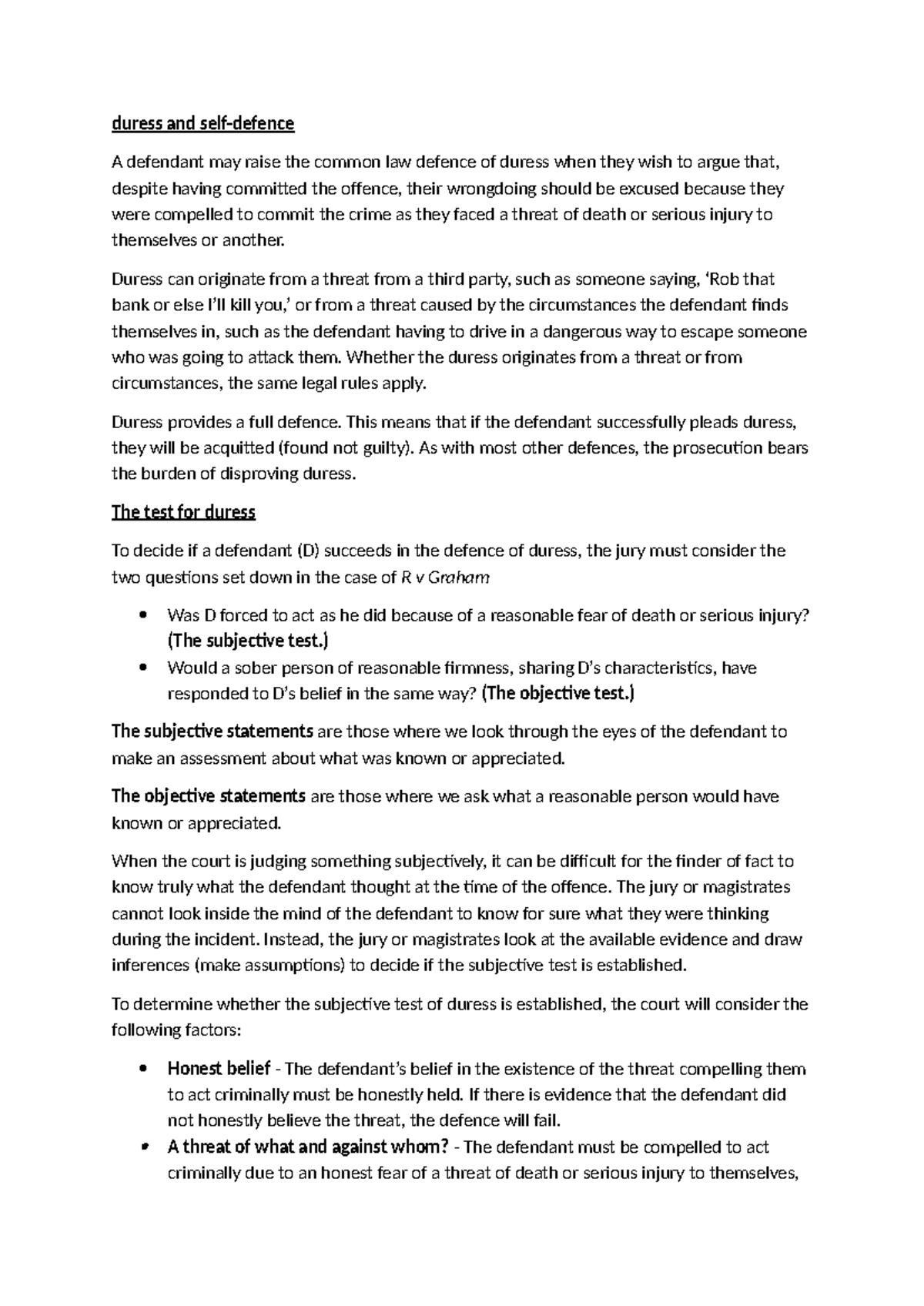 Law Notes: Duress Defense in Criminal Law (Course Code: LAW101) - Studocu