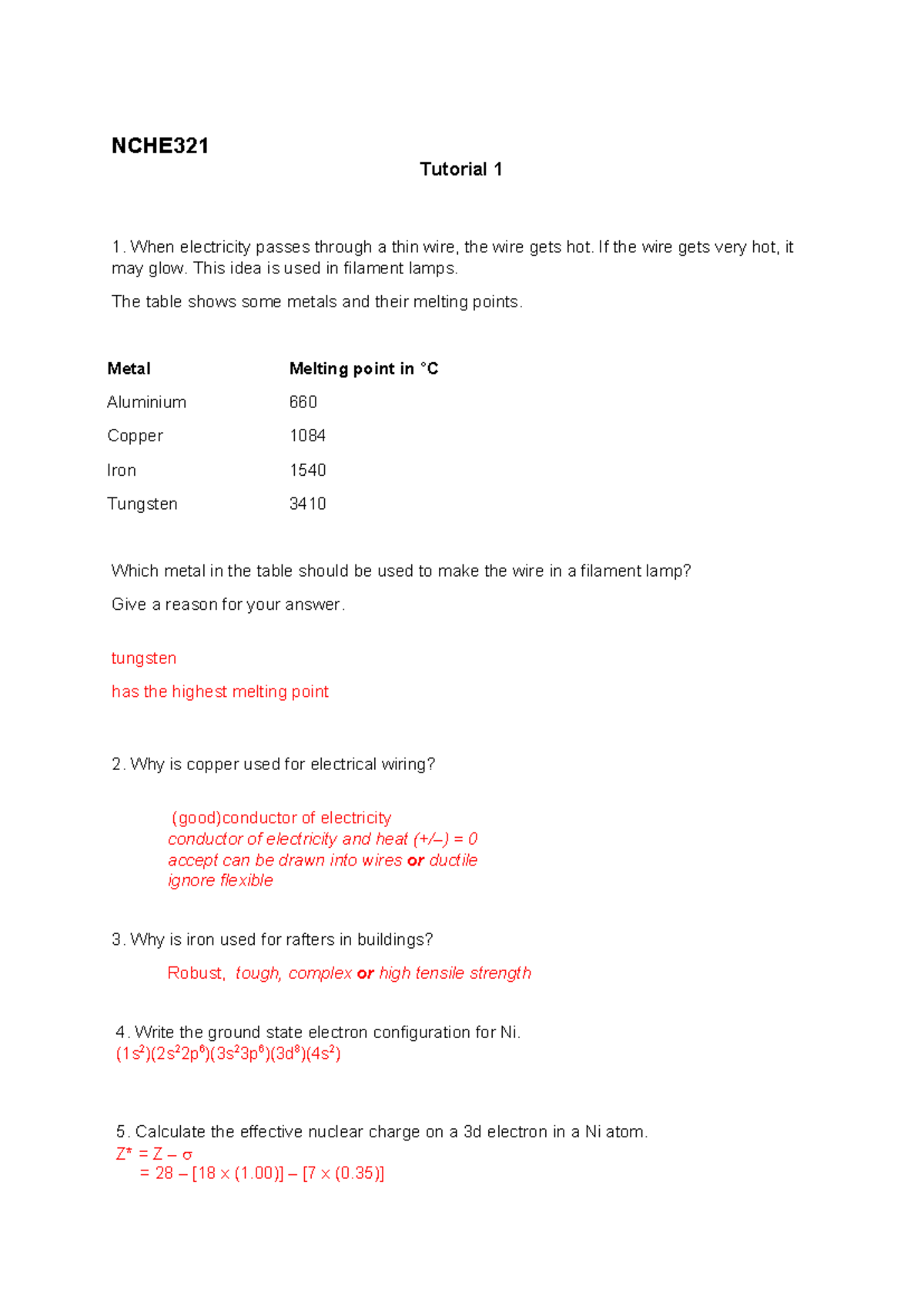 NCHE321 Tutorial 1 Memo: Filament Lamps & Electron Configurations - Studocu