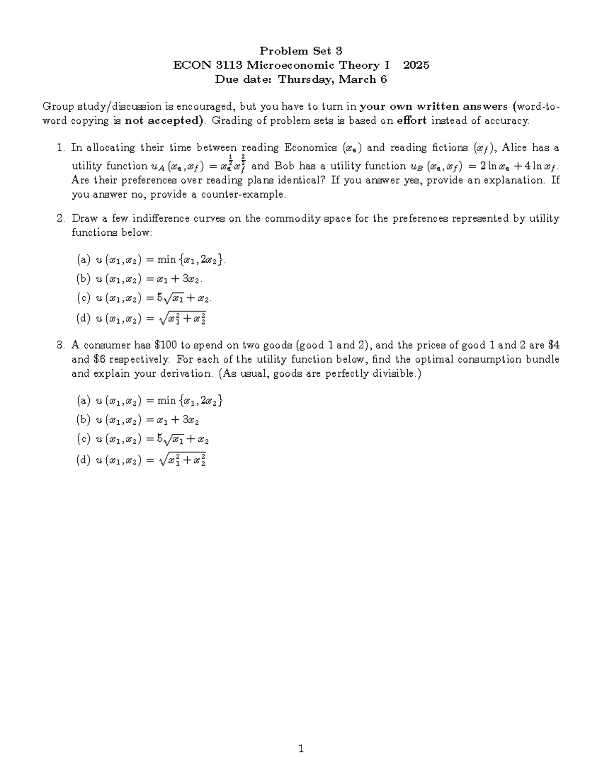 ECON 3113 PS3Q - Problem Set 3: Utility Functions & Consumption Bundles ...