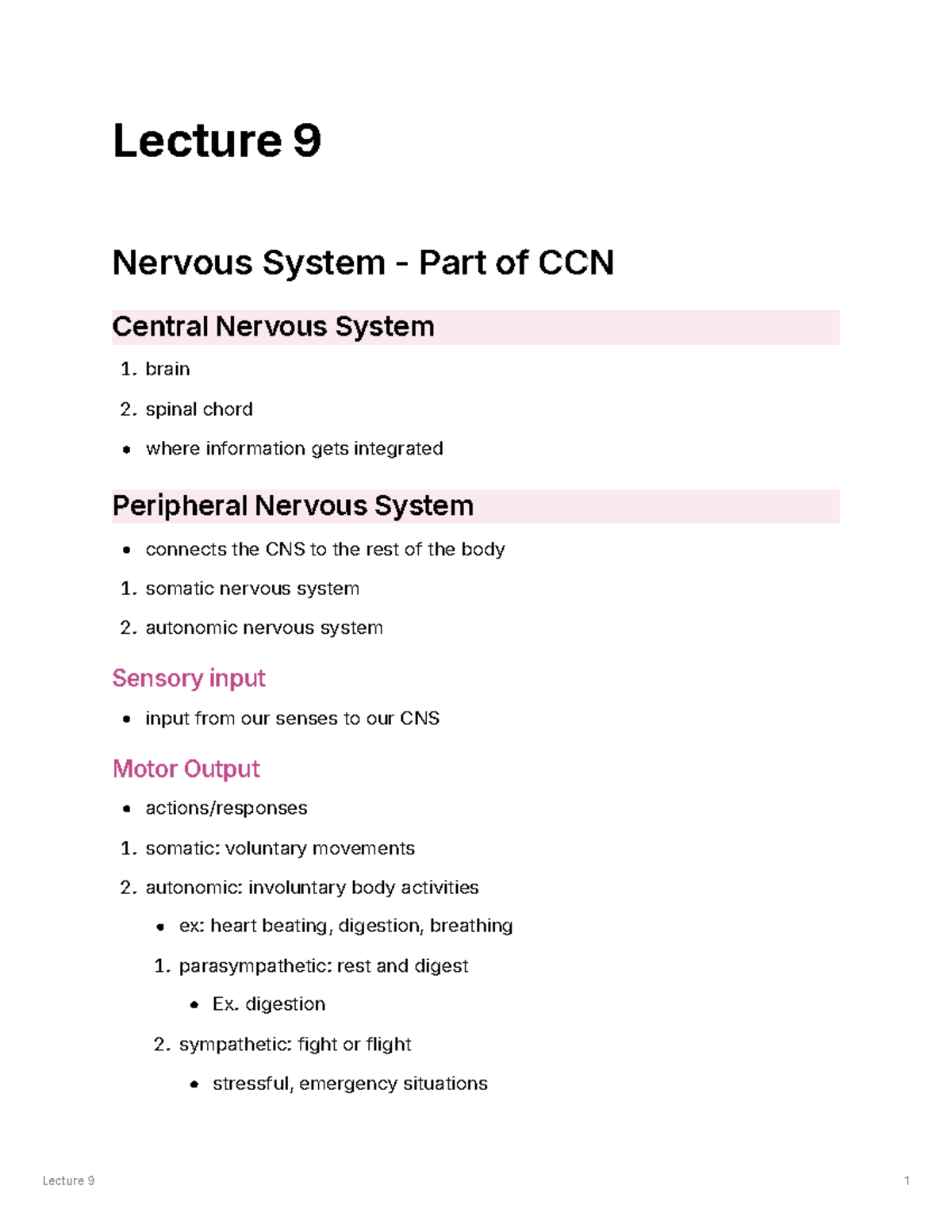 Lecture 9: Nervous System Overview - CCN Central Nervous System - Studocu