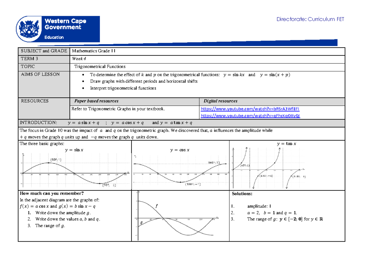 Mathematics Grade 11 Term 3 Week 4: Trigonometric Functions Guide - Studocu