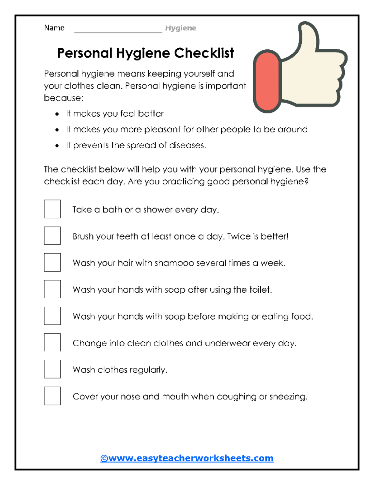 Personal Hygiene Checklist Hygiene Checklist | TPT