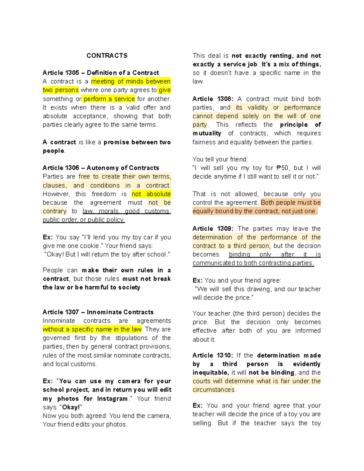 Contracts - Article 1305 to 1317 Overview and Key Concepts - Studocu