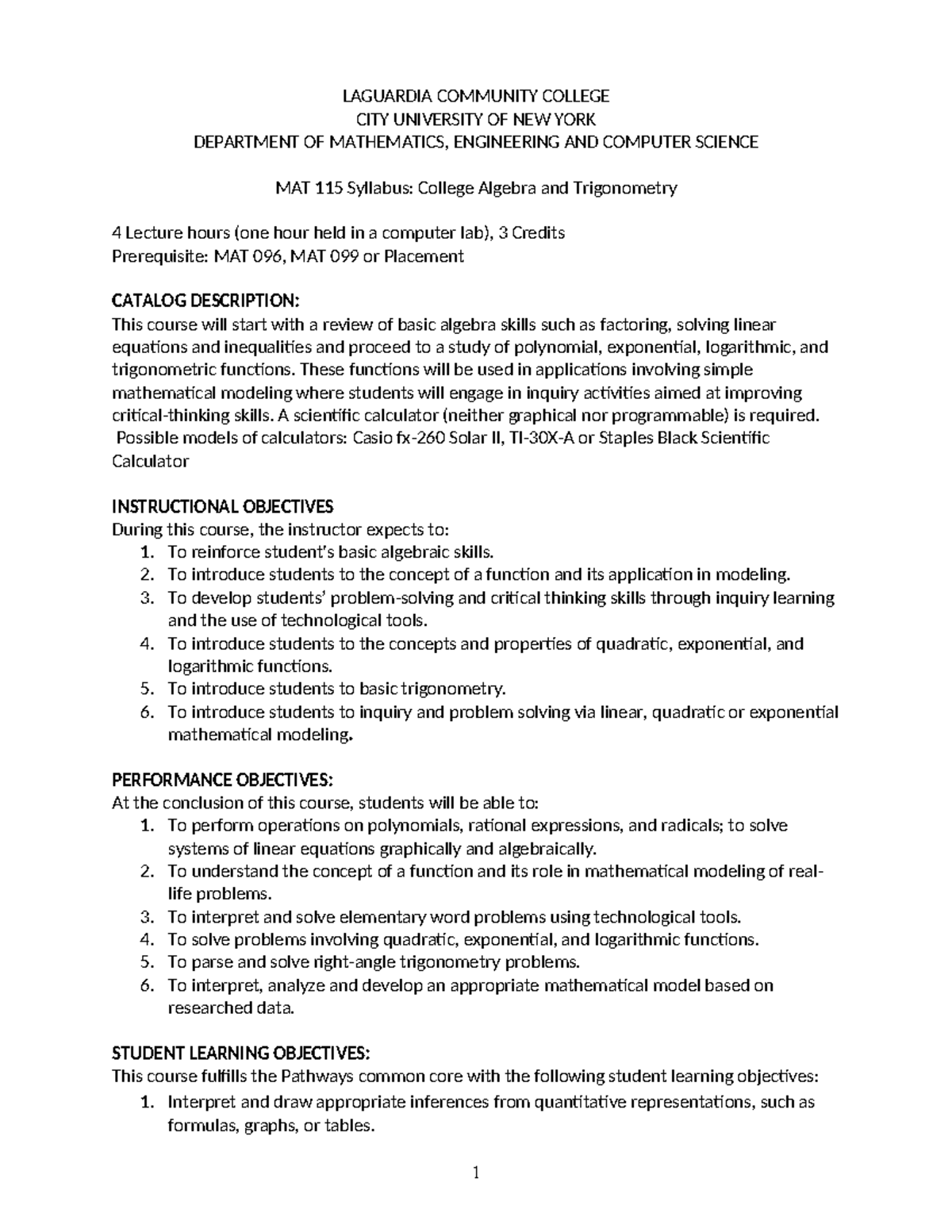 MAT 115 Syllabus: College Algebra & Trigonometry Overview - Studocu