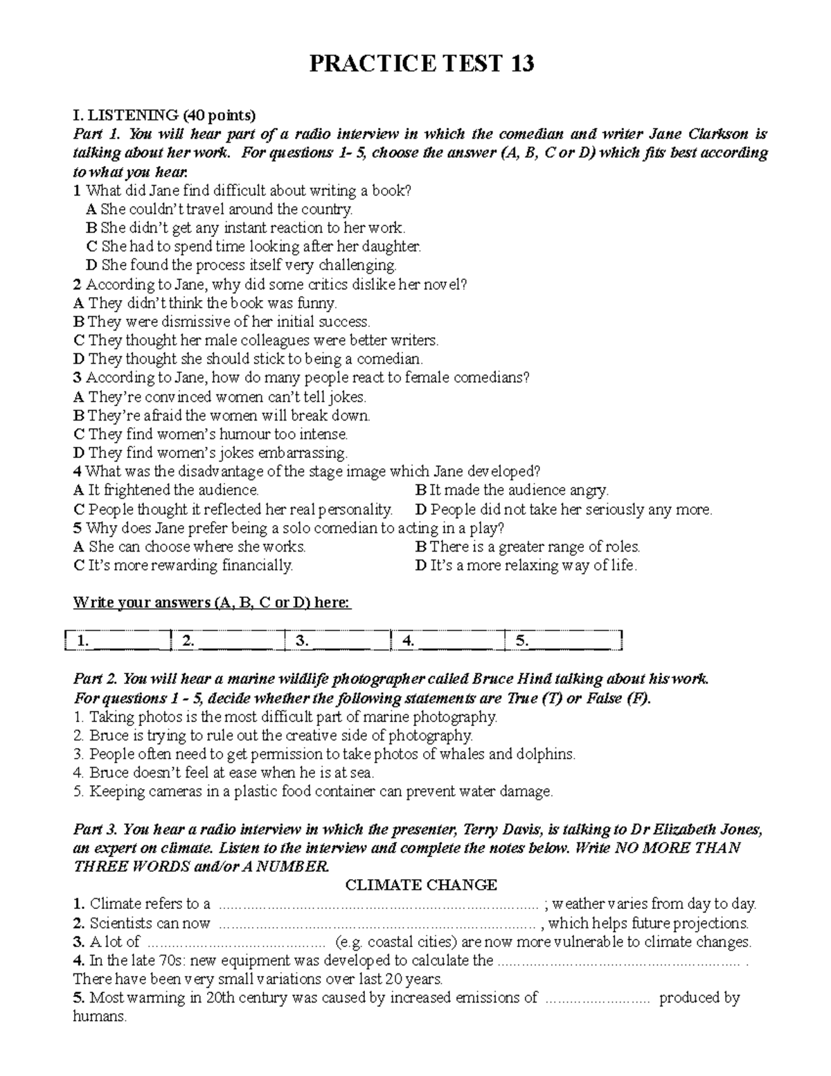 Practice Test 13 - Listening, Lexico-Grammar, and Reading Sections ...