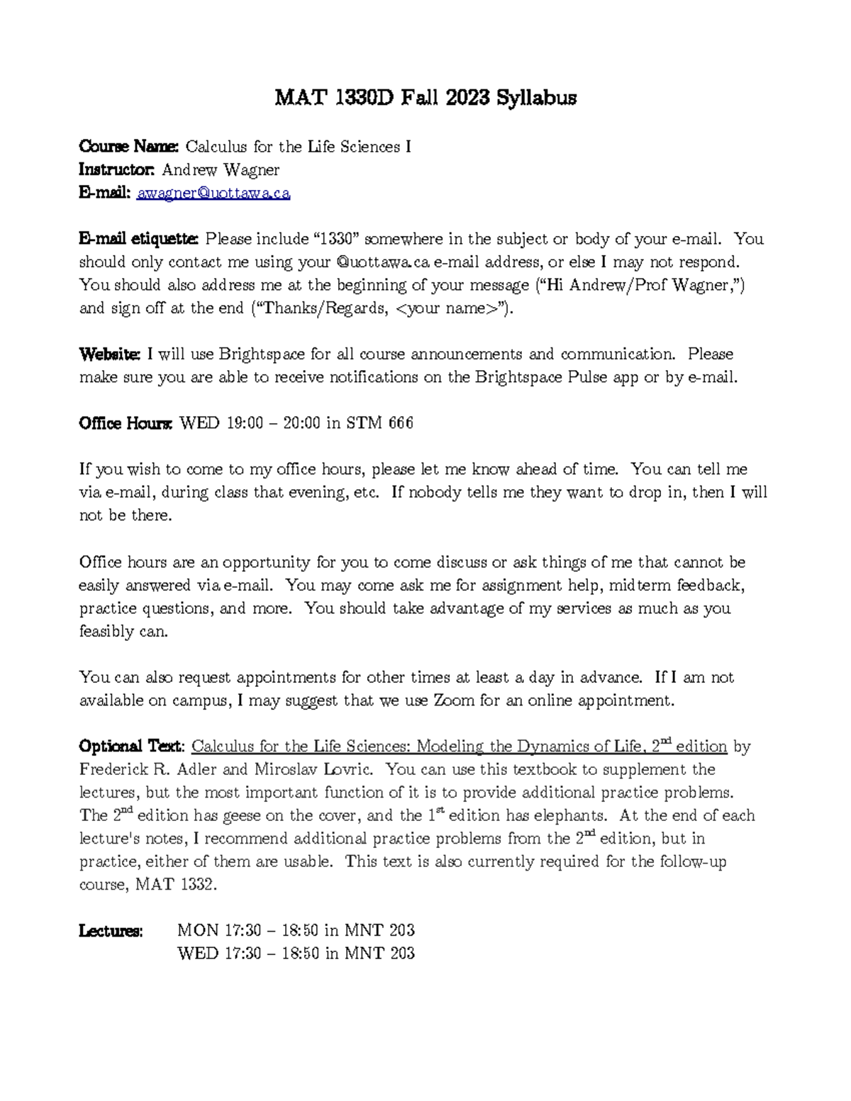 MAT 1330D Fall 2023 Syllabus: Calculus for Life Sciences I - Studocu