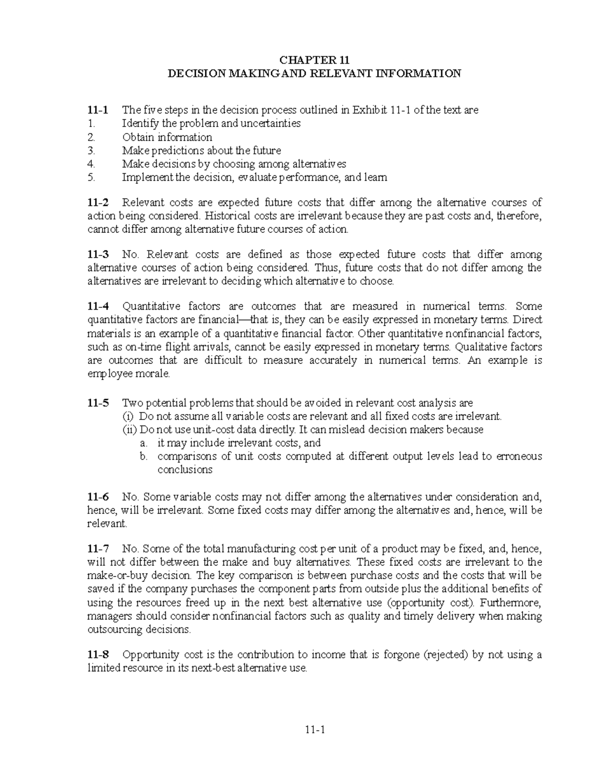 Cost Accounting Solution Manual Ch11 - CHAPTER 11 DECISION MAKING AND ...