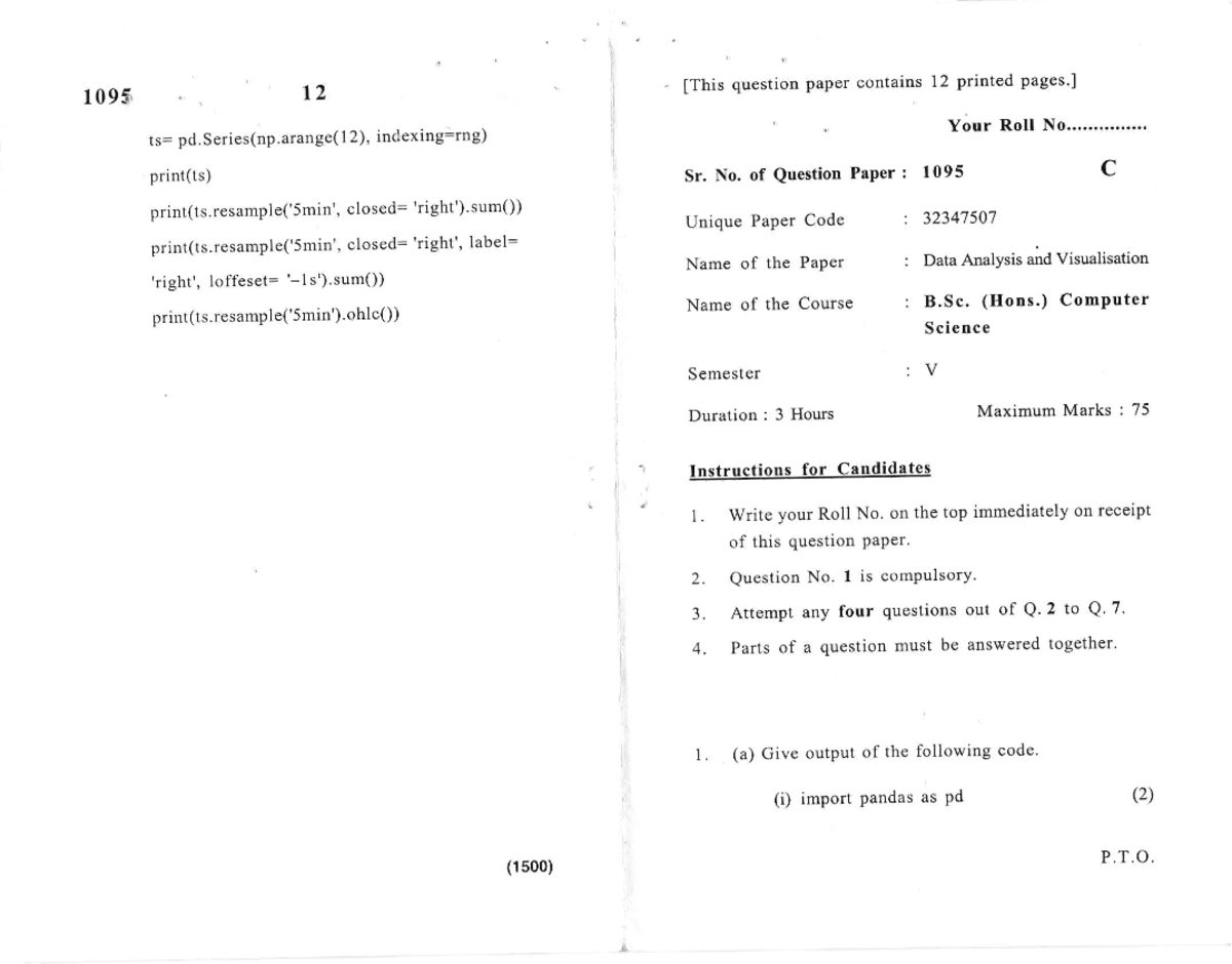 B.Sc. (Hons.) CS - Data Analysis & Visualization Question Paper 1095 ...