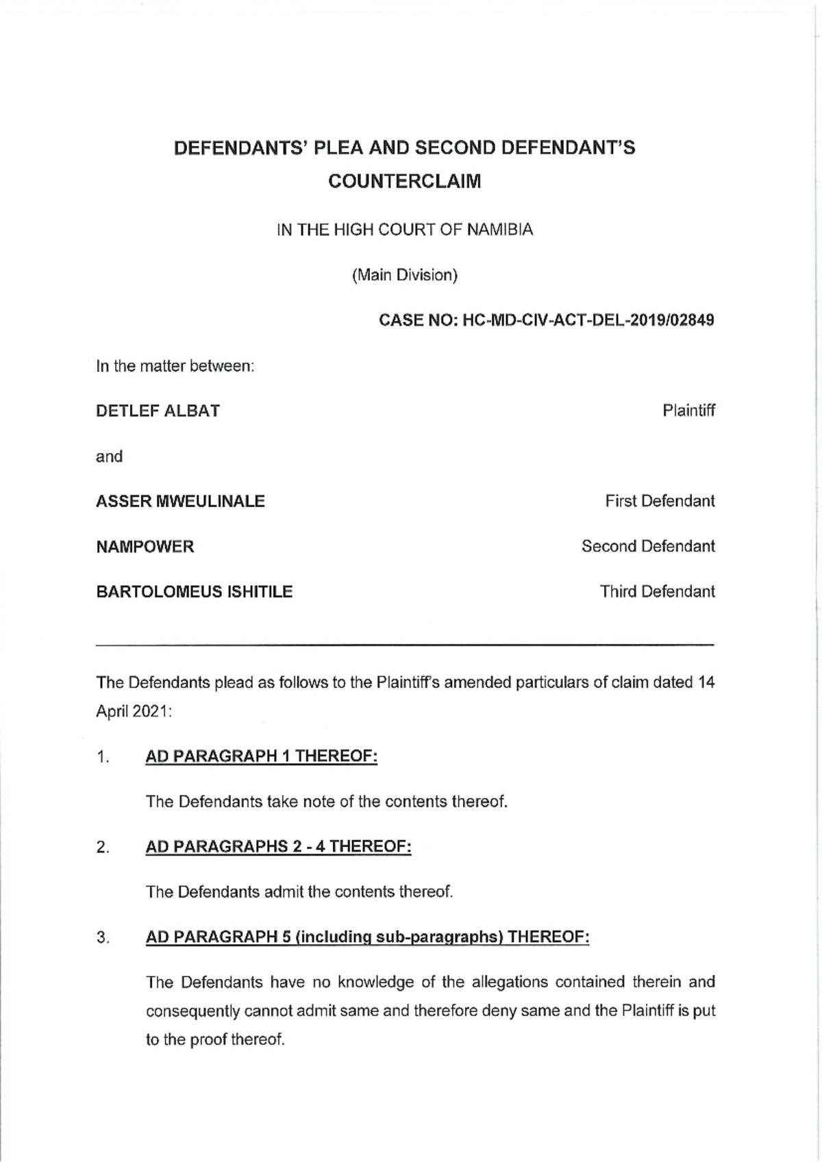 PLEA AND SECOND COUNTERCLAIM IN HIGH COURT OF NAMIBIA CASE NO: - Studocu