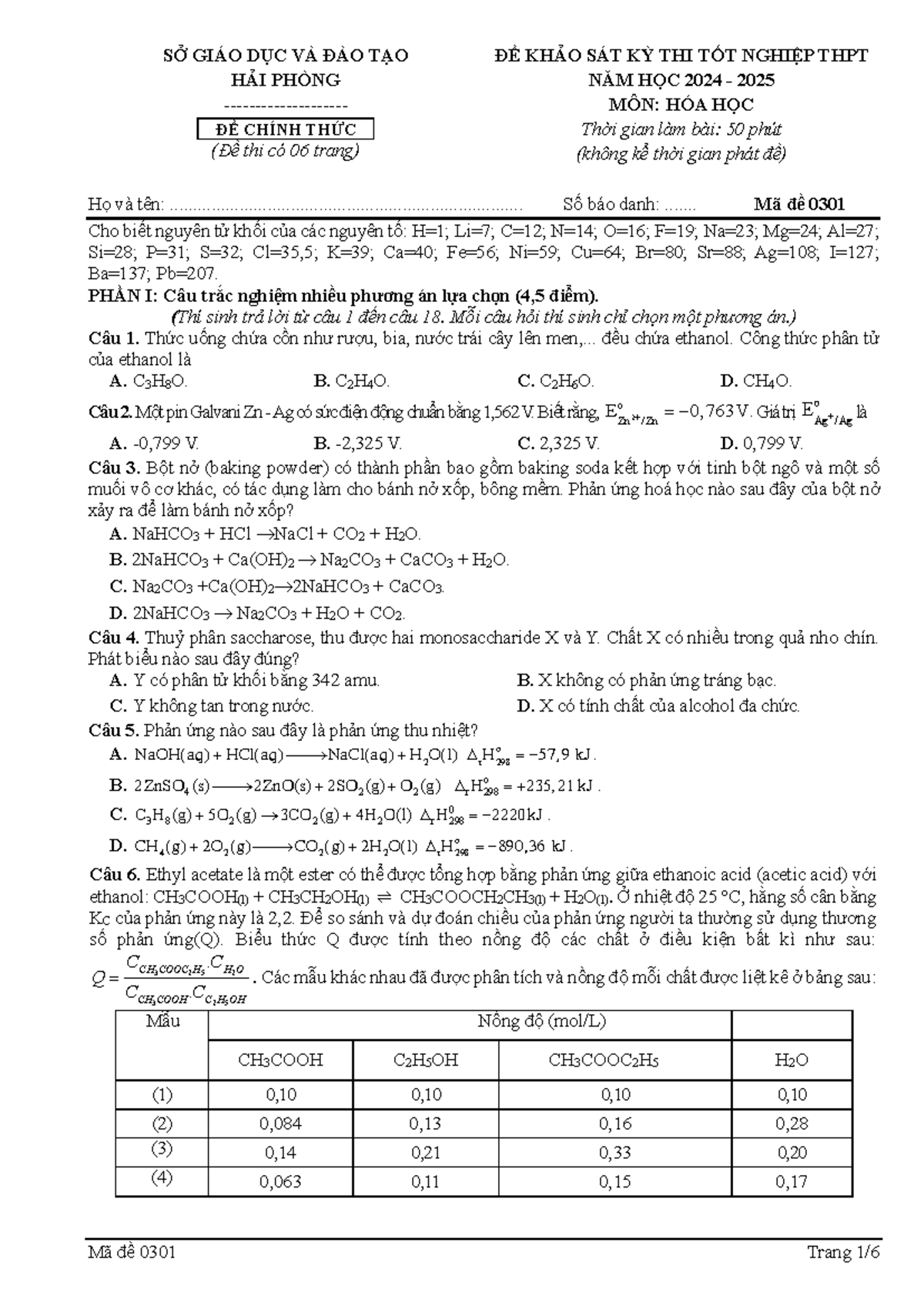 Đề Khảo Sát Kỳ Thi Tốt Nghiệp THPT 2024-2025 Môn Hóa Học - Mã Đề 0301 ...