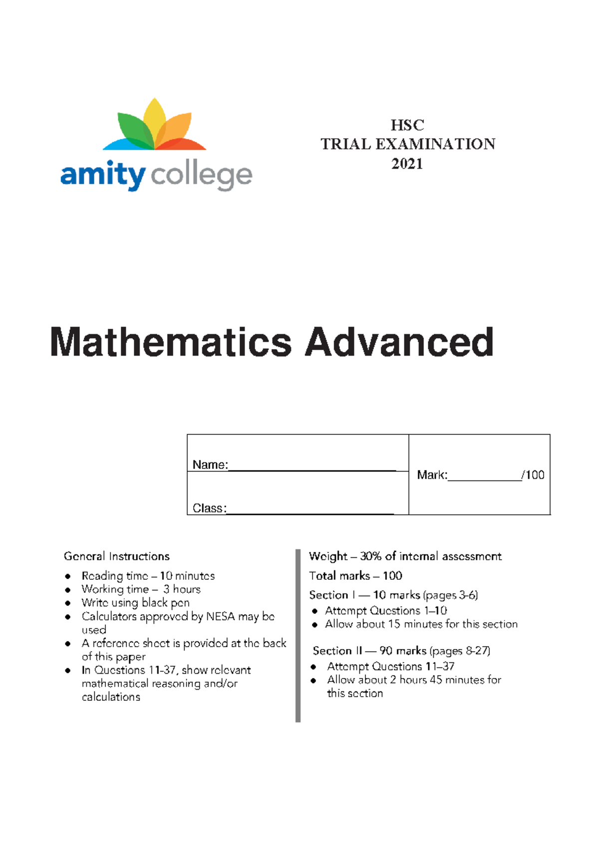HSC Mathematics Advanced Trial Exam 2021 - Comprehensive Review - Studocu