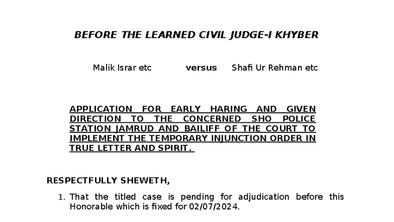 Israr v. Shafi Ur Rehman: Application for Direction to SHO under Sec 94 ...