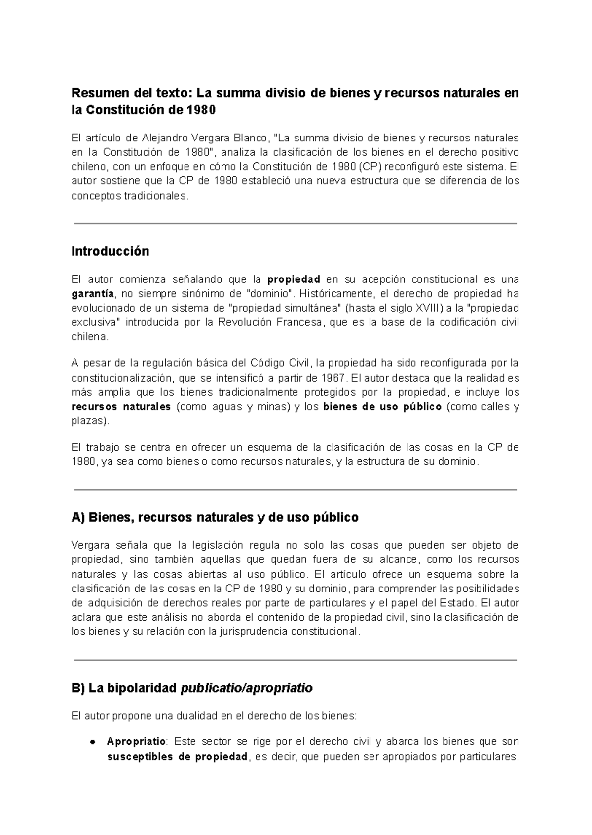 Resumen del texto: La summa divisio de bienes y recursos naturales en ...