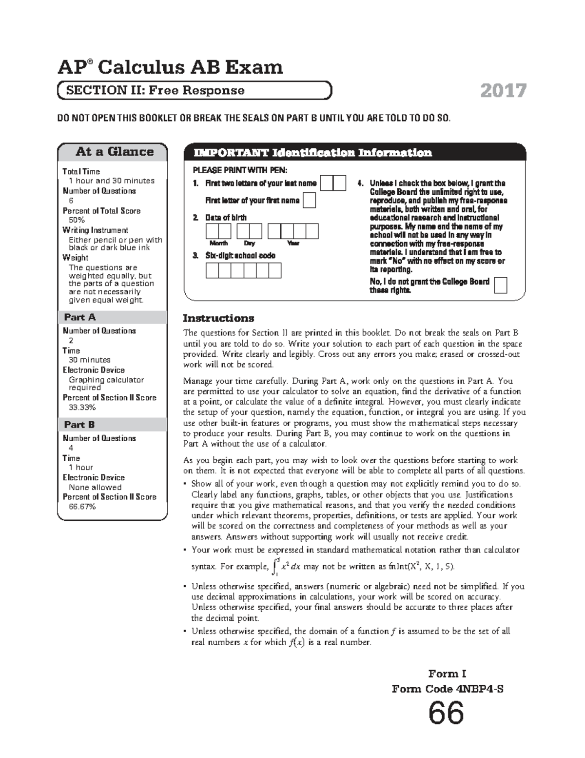Ap ab 2017-54-85-1-7 - AP Calculus AB Mock Test - AP ####### ® Calculus ...