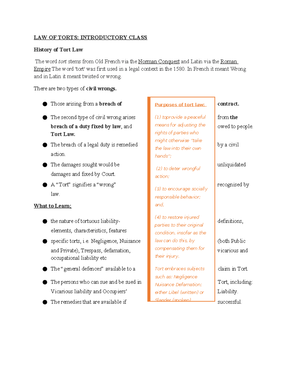 LAW OF TORTS: INTRODUCTORY CLASS OVERVIEW AND KEY CONCEPTS - Studocu
