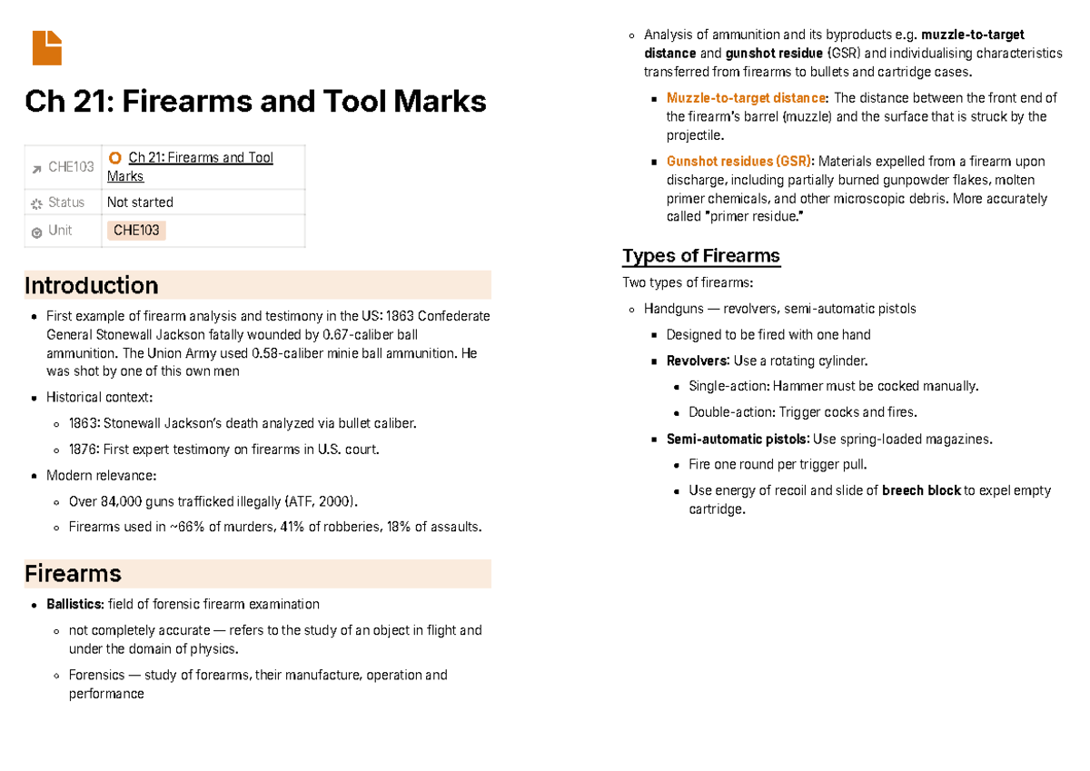 CHE103 Ch 21: Analysis of Firearms, Ammunition, and Tool Marks - Studocu