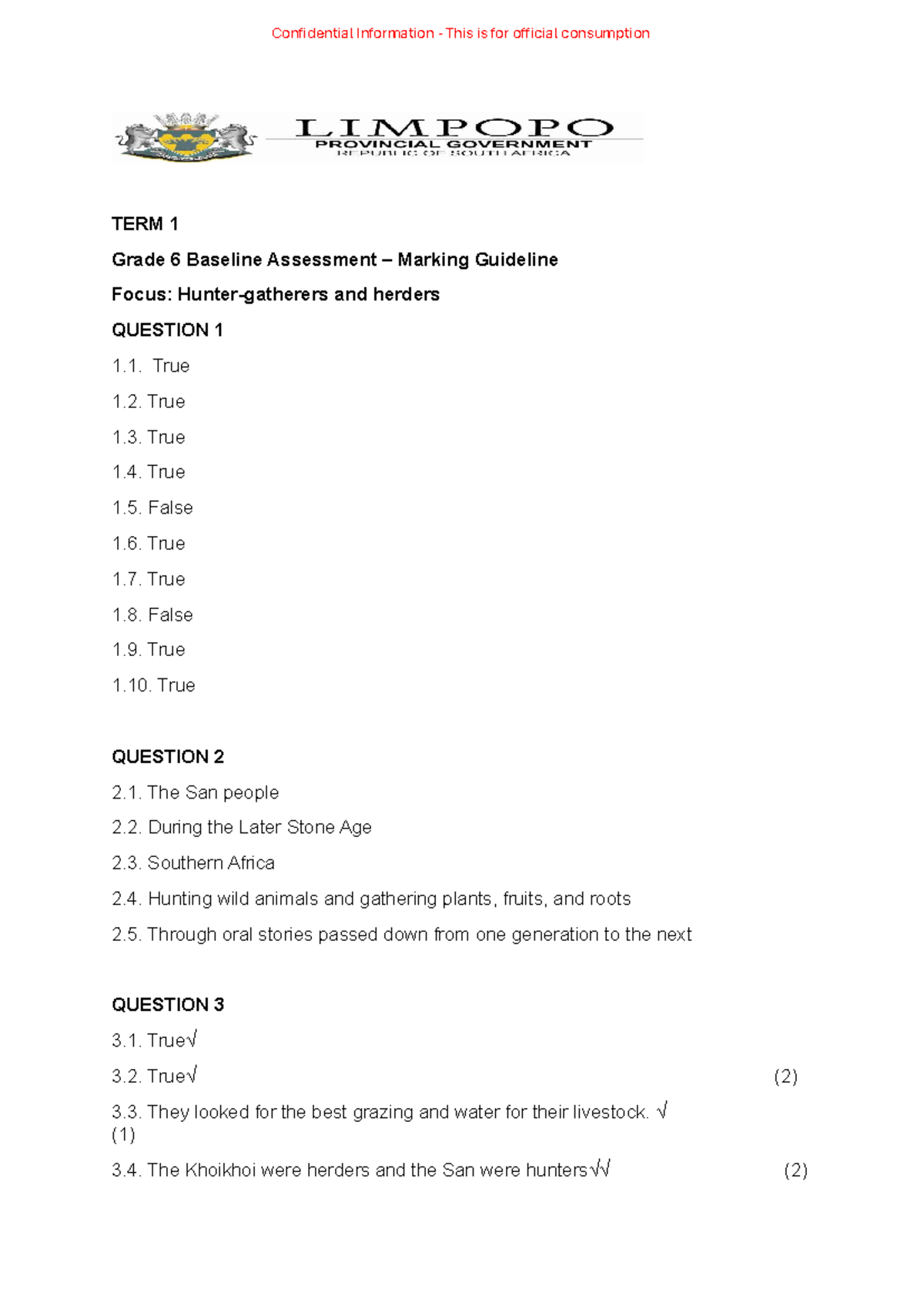 Grade 6 History Baseline Assessment Marking Guideline TERM 1 - Studocu
