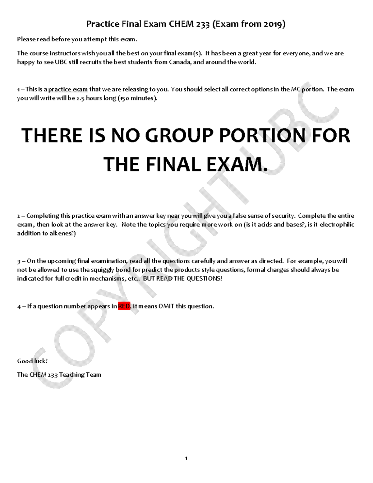 Practice Final Exam Review for CHEM 233 (2019) - Studocu