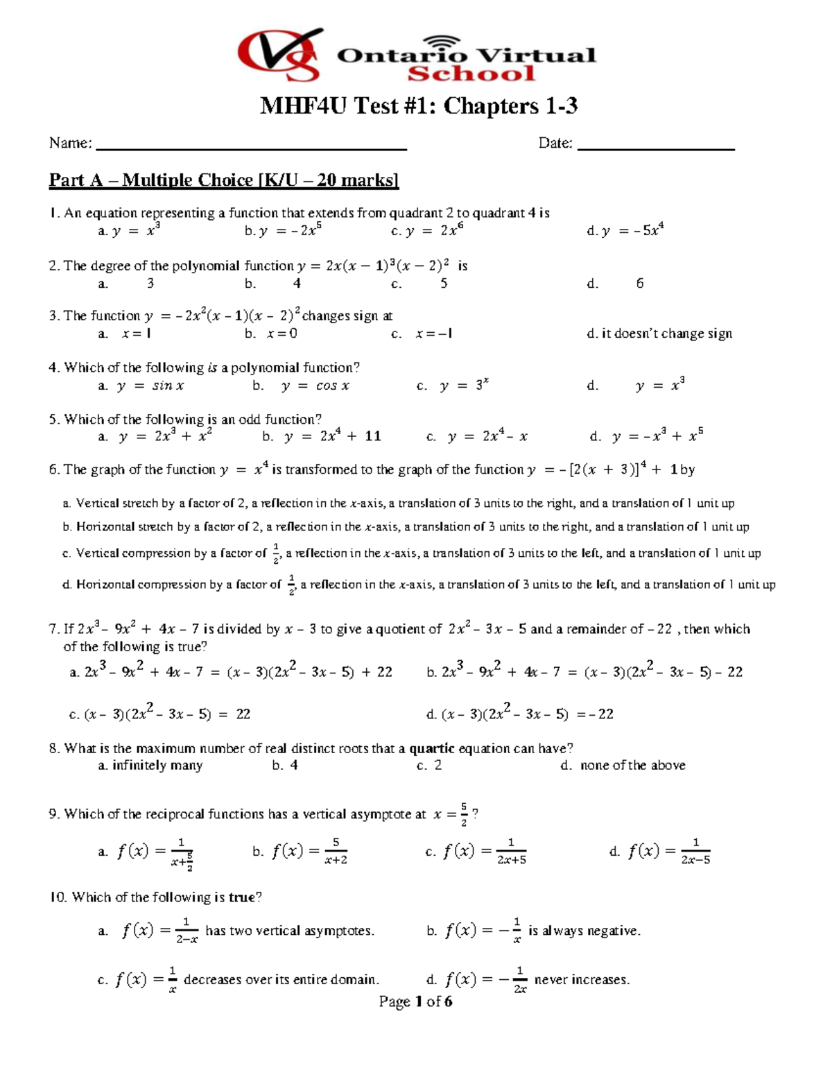 Unit 1 Test Bates - 1 - MHF4U Test #1: Chapters 1 - 3 Name: Date: Part ...