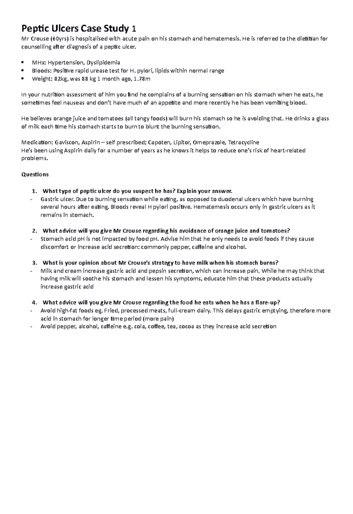 NUT302 - Peptic Ulcer & Nutritional Insights Case Study Analysis - Studocu