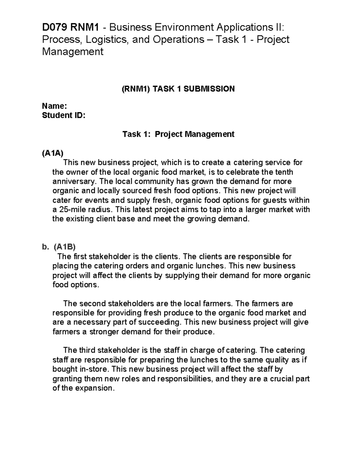 D079 RNM1 Business Environment Applications II: Catering Project ...