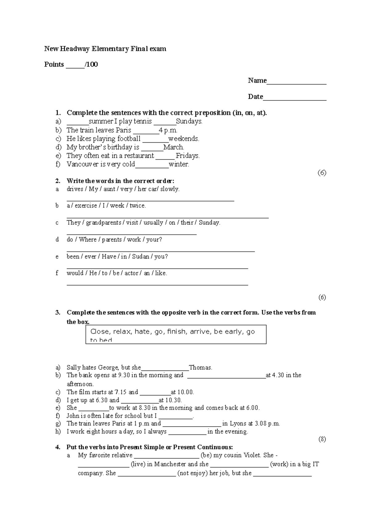 New Headway Elementary (ENG-101) Final Exam Study Guide - Studocu