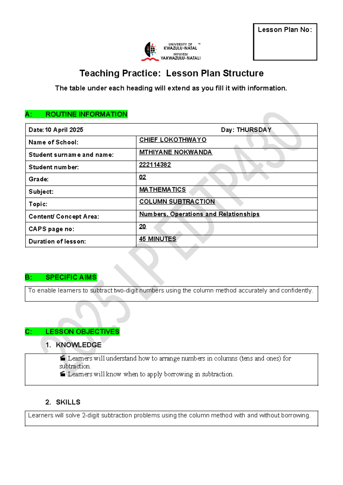 Maths 1004 - Lesson Plan on Column Subtraction for Grade 2 Students ...