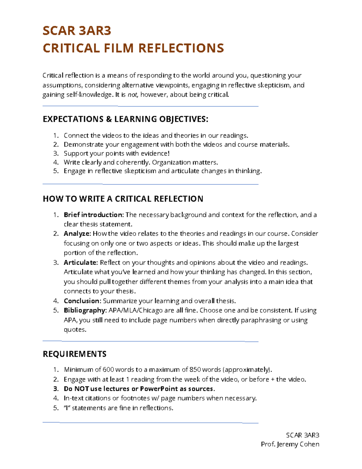 SCAR 3AR: Guidelines for Writing Critical Film Reflections - Studocu