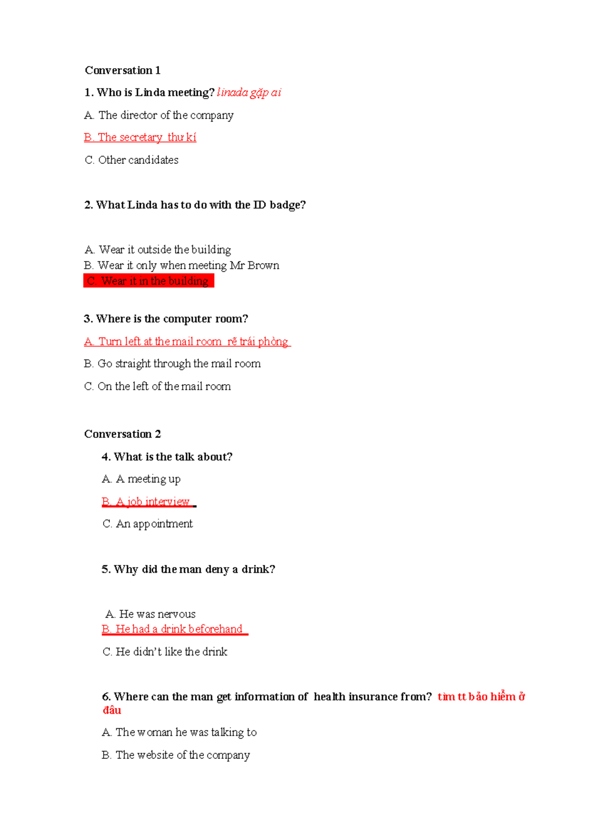 TIẾNG ANH 1 - Conversation Practice and Comprehension Questions - Studocu