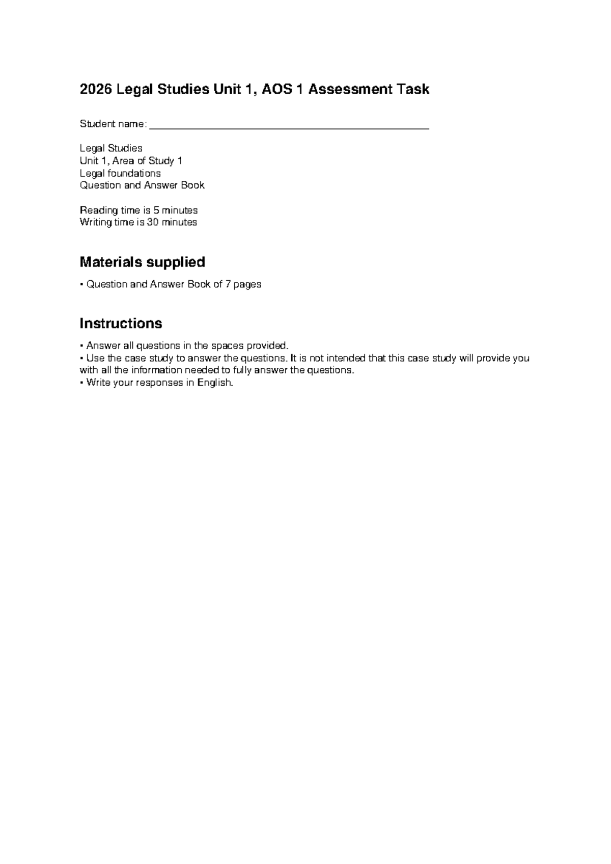 Unit 1 AOS 1 Legal Studies Practice Assessment Task 2026 - Studocu