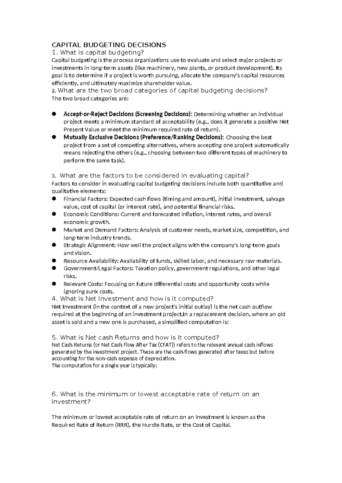 Capital Budgeting Decisions: Key Concepts and Evaluation Methods - Studocu