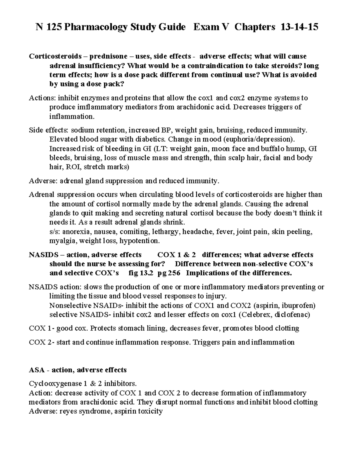 N 125 Pharmacology Study Guide Exam V Chapters 13-15 Overview - Studocu