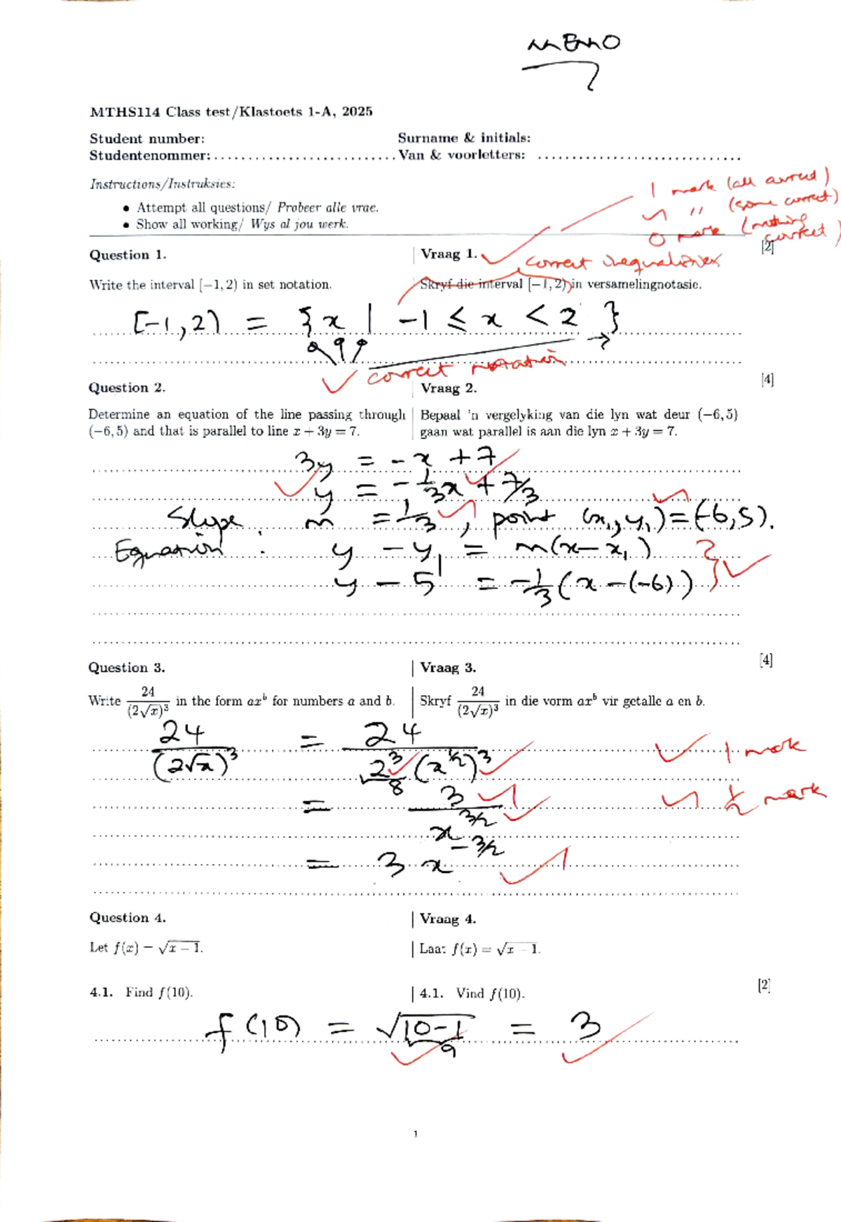 MTHS114 Class Test 1-A Memo 2025: Solutions and Working Steps - Studocu