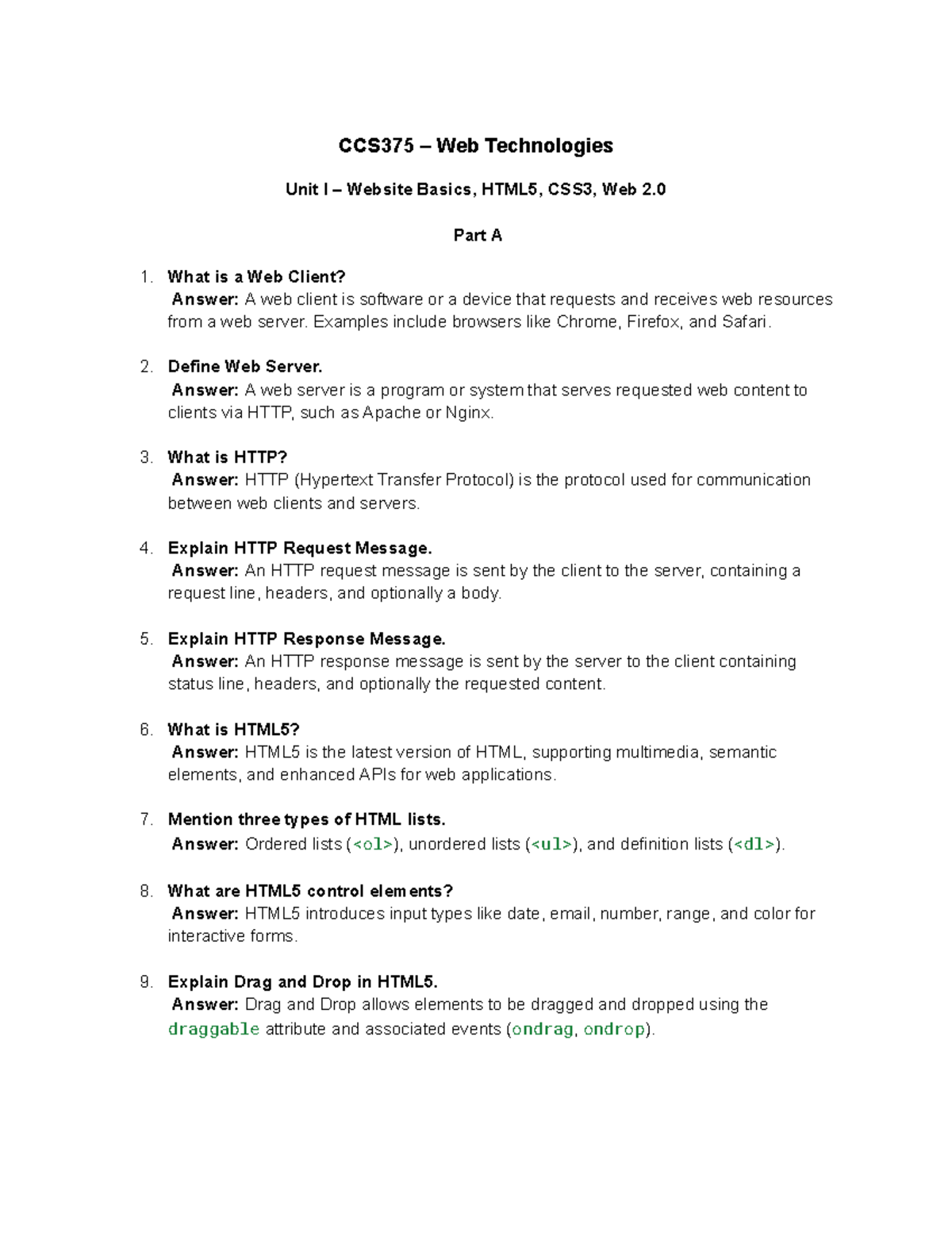 CCS375 Web Technologies Unit I & II: HTML5, CSS3, and JavaScript Basics ...