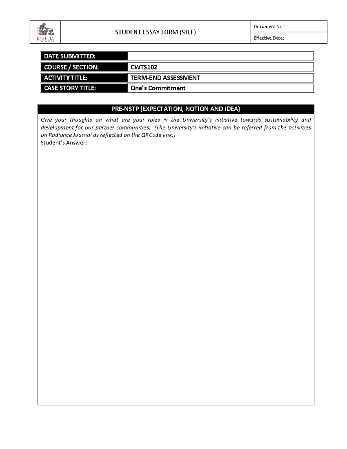 CWTS103 Term-End Essay: Student Contributions to UNSDGs and Community ...